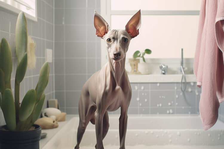 Ein peruanischer Nackthund steht zur Hautpflege im Badezimmer