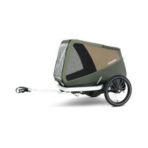 Der CROOZER Dog Enna Fahrradanhänger in Moosgrün verfügt über zwei große Hinterräder, Netzbelüftungselemente und eine Metalldeichsel zur einfachen Fahrradbefestigung.