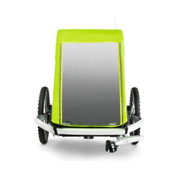 Frontansicht des CROOZER Regenverdecks für Croozer Dog Tammo, Bruuno, XXL in leuchtendem Gelb-Grün mit einem transparenten Fenster, um Ihren Anhänger und Ihre Ladung vor Regen zu schützen.