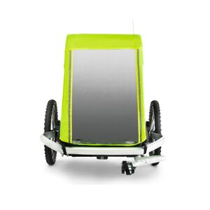 Frontansicht eines Fahrradanhängers mit leuchtend gelber Abdeckung, zwei großen schwarzen Rädern und einer transparenten Frontplatte-kompatibel mit CROOZER Regenverdeck für Croozer Dog Enna, Dog Peppa / Dog L, ideal für Fahrradabenteuer.