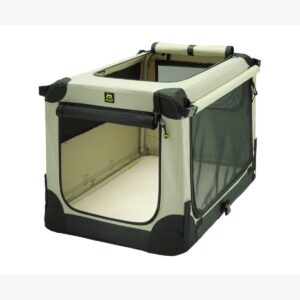 Die Maelson Soft Kennel faltbare Hundebox / Tiertransportbox XXL in Beige und Schwarz verfügt über Netzfenster, eine Fronttür mit Reißverschluss und einen gepolsterten Innenboden für den Komfort Ihres Tieres, abgebildet auf einem hellen Hintergrund.