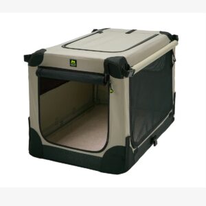 Die Maelson Soft Kennel faltbare Hundebox / Tiertransportbox XXL in Beige und Schwarz verfügt über Netzseiten, eine weiche Innenmatte und Öffnungen mit Reißverschluss an der Vorder- und Oberseite für einen einfachen Zugang.