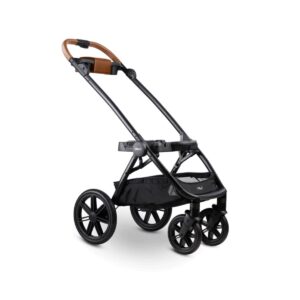 Der Tavo Roscoe Trek Buggy-Gestell für Maeve Hundeautositz ist ein modernes schwarzes Gestell mit einem braunen Lenker, großen Hinterrädern und kleineren Vorderrädern, abgebildet ohne Sitz und Stubenwagen auf weißem Hintergrund.