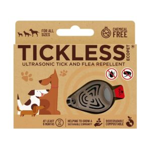 TickLess Eco Ultraschall-Floh- und Zeckenschutzgerät ist ein biologisch abbaubares, chemiefreies Floh- und Zeckenschutzmittel für alle Haustiergrößen (ab 6 Monaten), mit Hunde- und Katzensymbolik und kompostierbarer Verpackung.
