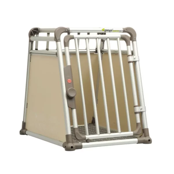 Die 4pets Hundebox ComfortLine Two S ist eine robuste Metallbox für Haustiere in Silber und Beige mit vertikalen Stäben, einem Gitterboden, einer sicheren Tür mit Riegel und Schloss und einem trapezförmigen Design - ideal für den Transport oder die Unterbringung von Kleintieren.