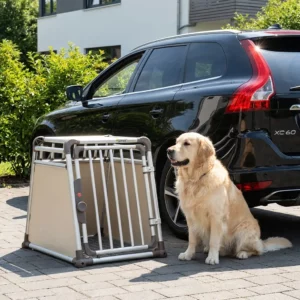 Ein Golden Retriever sitzt auf einer Einfahrt neben einer großen, leeren 4pets Hundebox ComfortLine Two S. In der Nähe ist ein schwarzer Volvo XC60 SUV geparkt und im Hintergrund sind grüne Büsche und ein modernes Haus zu sehen.