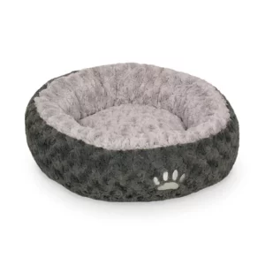 Das Nobby Donut SEOLI - Hundebett ist ein rundes, pl&uuml;schiges Haustierbett mit einer weichen hellgrauen Innenseite, einer dunkelgrauen strukturierten Au&szlig;enseite und einem niedlichen Pfotenabdruck auf der Vorderseite.