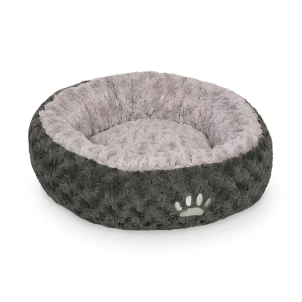 Das Nobby Donut SEOLI - Hundebett ist ein rundes, plüschiges Haustierbett mit einer weichen hellgrauen Innenseite, einer dunkelgrauen strukturierten Außenseite und einem niedlichen Pfotenabdruck auf der Vorderseite.