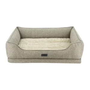Das Nobby Orthopädisches Hundebett CALBU ist ein rechteckiges Hundebett mit hellgrauem Stoff, erhöhten Seiten und einer weichen, cremefarbenen Liegefläche, dargestellt von vorne auf weißem Hintergrund.